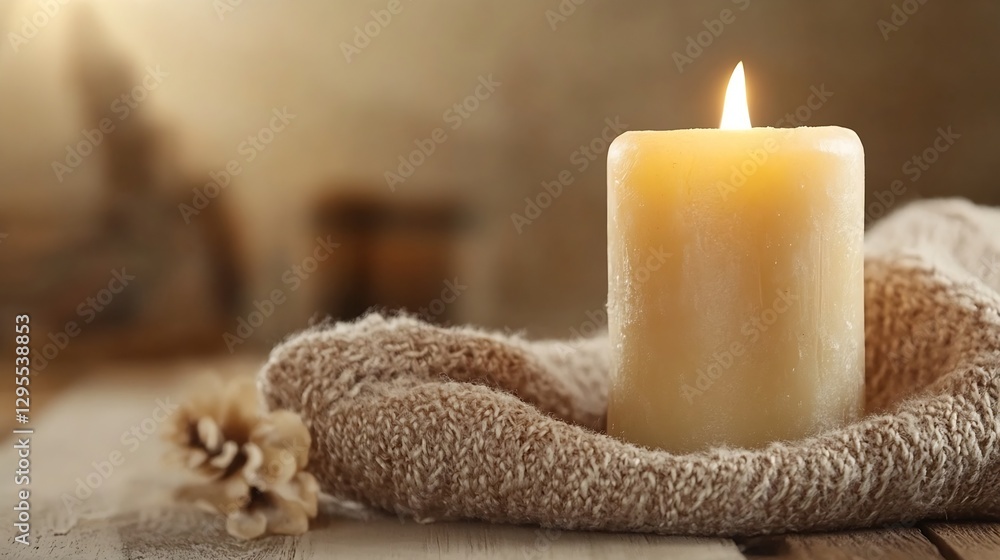 Poster natural candle burning on a soft beige background with decorative elements : generative ai