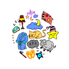 Sleep, relax time, dream night doodle set. Hand drawn sketch	