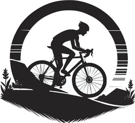 Silhouette of a cyclist riding uphill during sunset, surrounded by nature, symbolizing adventure