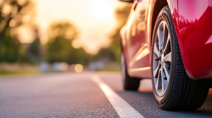Closeup view of a red car parked on a sunlit road during golden hour : Generative AI