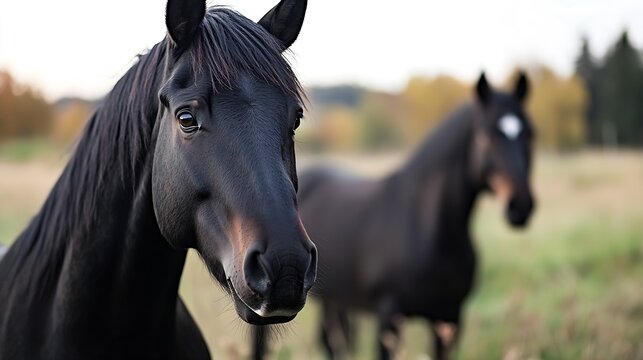 Majestic black horses grazing on grassy field with serene autumn background showcasing their beauty and grace : Generative AI