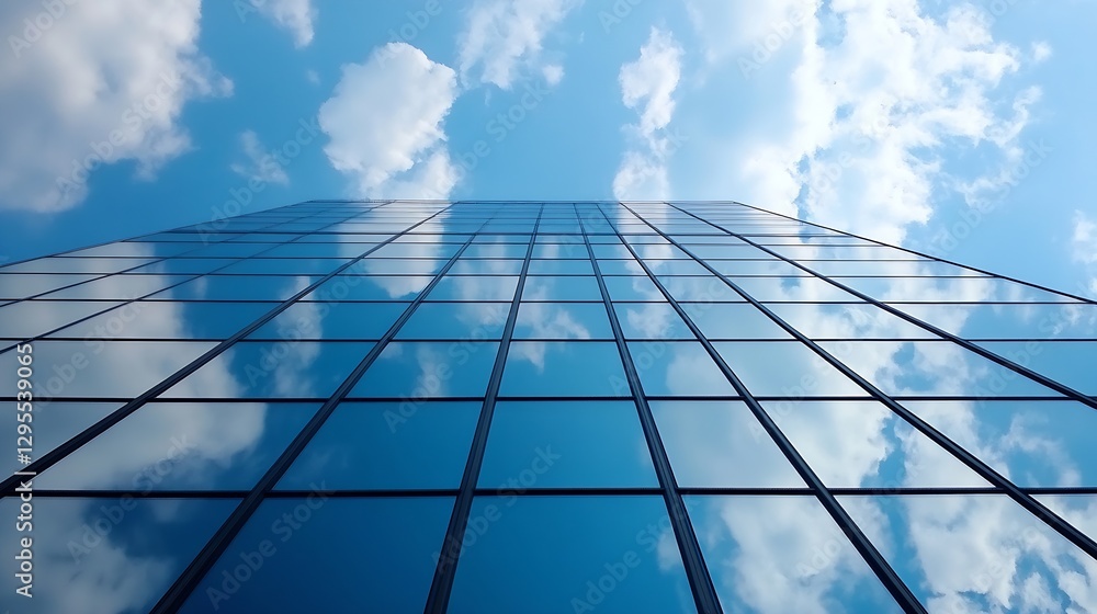 Poster modern skyscraper reflecting clouds and blue sky in a vibrant urban environment showcasing architect