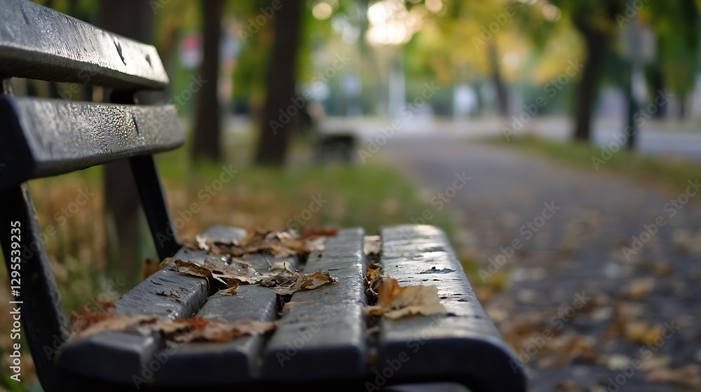 Poster autumn leaves on a bench in a quiet park surrounded by golden trees : generative ai