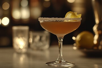 Elegant Crafted Cocktail with Lemon Garnish in Soft Bar Lighting