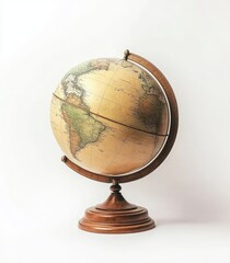 Vintage globe on wooden stand against white background