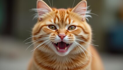 Funny smiling cat with a cute expression, Red background highlights the animal's charm.
