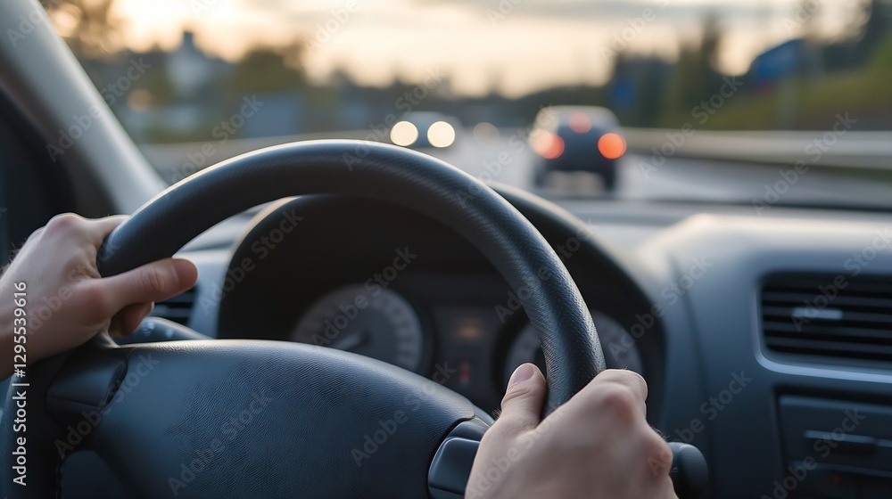 Poster hands gripping a steering wheel while driving on a blurred highway during sunset : generative ai