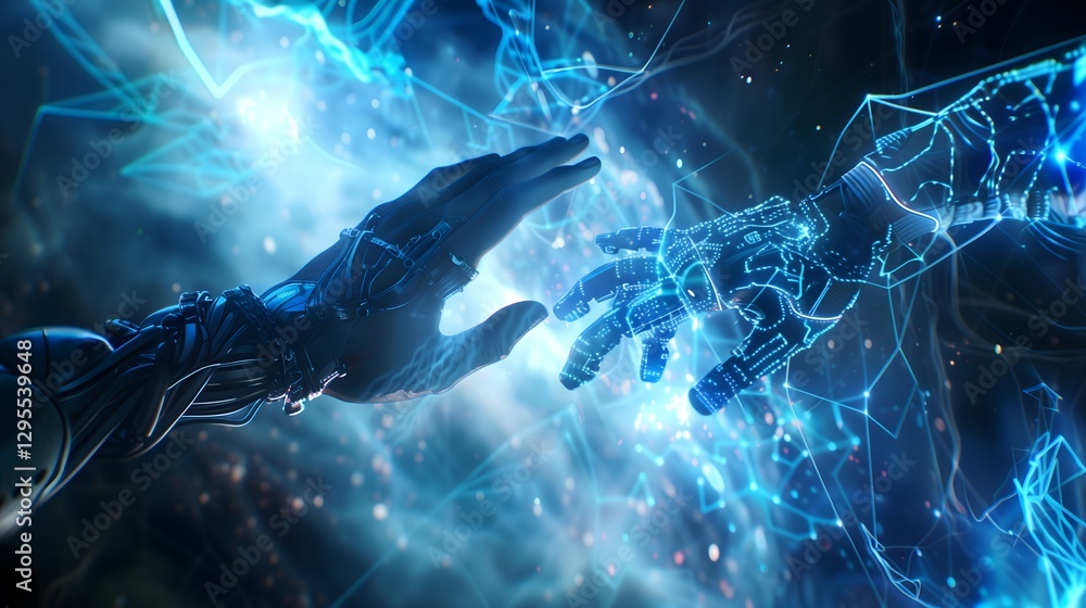 Poster a futuristic scene of a human hand and a robotic hand reaching towards each other, symbolizing the c