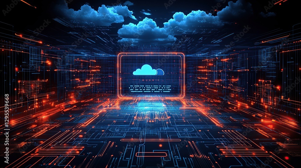 Poster futuristic cloud computing interface in a digital server room