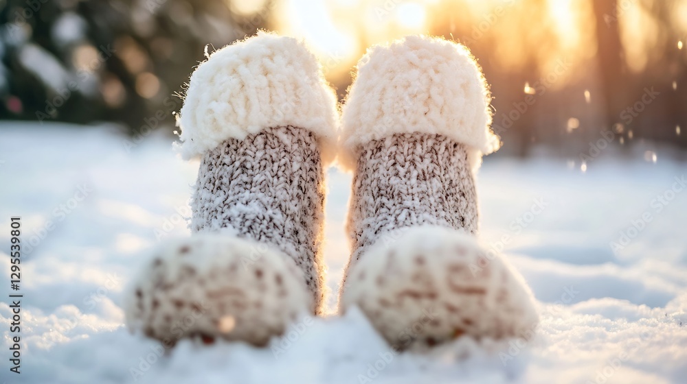 Poster cozy knitted winter boots resting in fresh snow with warm sunlight shining in the background : gener