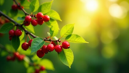 Obraz premium Sun-dappled branches laden with red berries and green leaves , leaves, nature