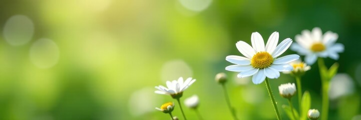 Obraz premium Delicate white chamomile flowers swaying in the breeze, soft focus,, botanicals