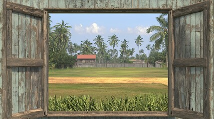 Obraz premium Weathered Wooden Window Frame Showing Tropical Landscape