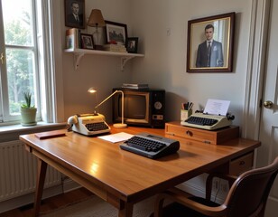 Vintage workspace with typewriters and retro television in a cozy room setting during daylight