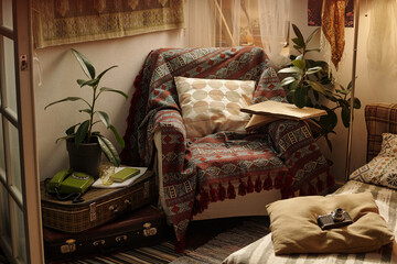 Cozy reading nook with an armchair draped in patterned throw and stacked cushions. Vintage items like an old phone and suitcase enhance nostalgic ambiance of room