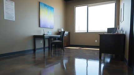 Office room features a desk chair artwork and bright window