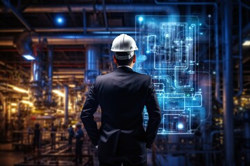 Obraz premium Engineer standing in front of oil and gas plant in blue neon lighting. Designing intelligent production facilities. Sustainable energy management. Unique industrial technologies.
