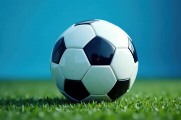 Naklejka premium Soccer ball in the filet with blue background, sport, stadium, activity