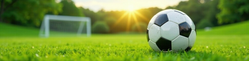 Fototapeta premium Soccer ball sitting on a grassy field with goalposts in the background, grass, ball, stadium