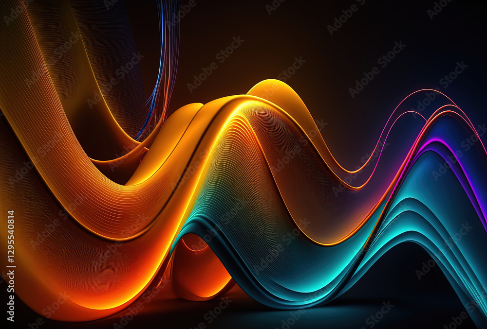 Poster neon colored waves on a dark background. abstract glowing spectrum lines. psychedelic aesthetic. 3d 