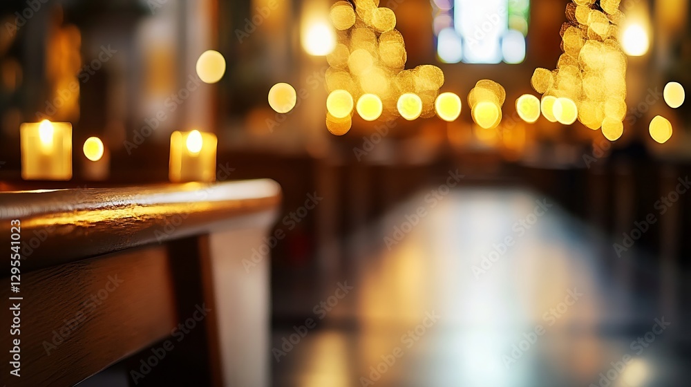 Aufkleber warm and inviting interior of a church with candle lights and glowing bokeh effect : generative ai