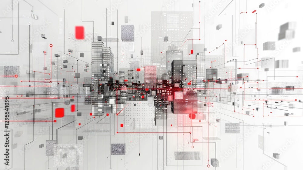 Poster abstract art of cityscape with red spheres and geometric patterns. modern and futuristic design with