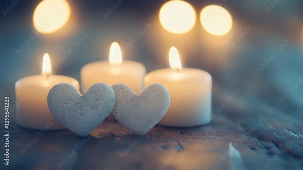 Poster romantic display of two heart shaped stones amidst glowing candles creating a cozy atmosphere : gene