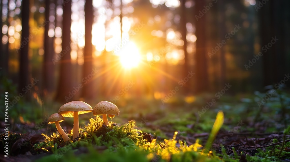 Poster mushrooms growing in a serene forest with sunlight filtering through tall trees : generative ai