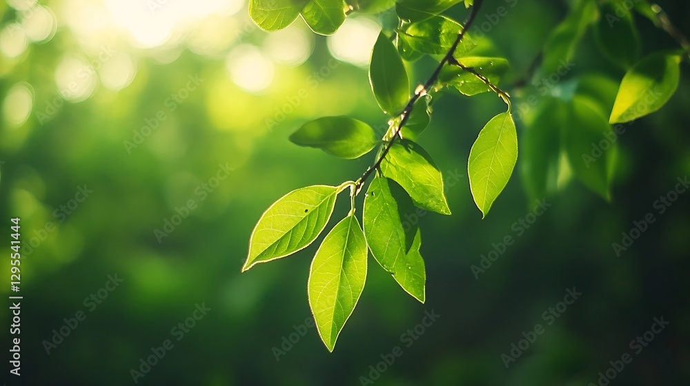 Poster closeup view of vibrant green leaves illuminated by sunlight creating a serene natural atmosphere : 