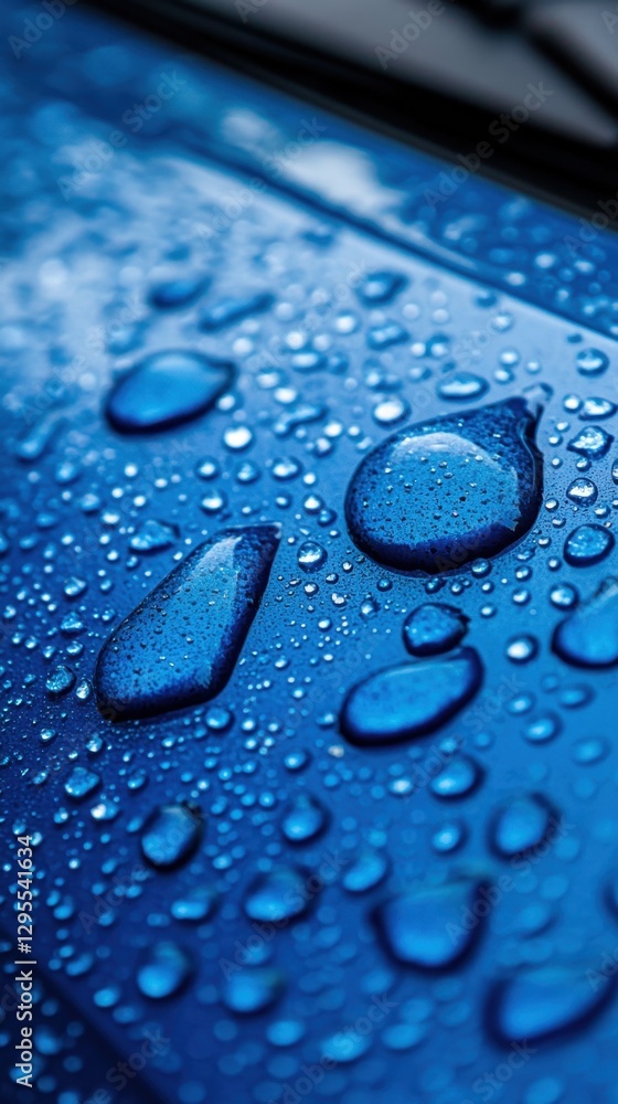 Poster captivating close up of rain droplets on a sleek blue surface showcasing texture and reflection in a