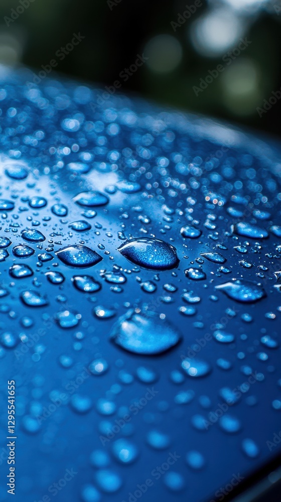 Poster captivating close up of water droplets on a vibrant blue surface showcasing texture and reflection w