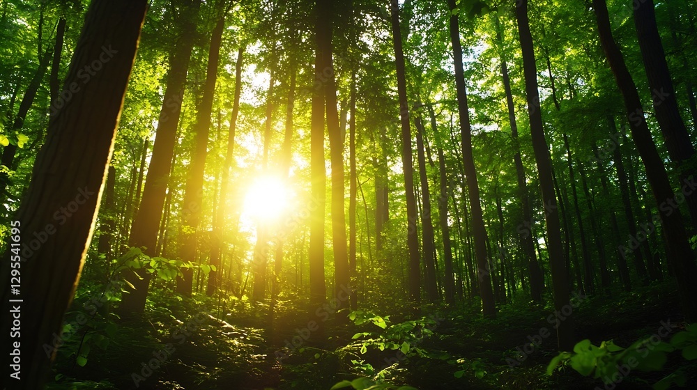 Aufkleber Sunlight filtering through a dense forest creating a warm glow among the tall trees and lush greenery : Generative AI