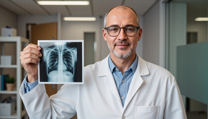 Senior doctor holding chest X-ray film in modern clinic environment with serious expression