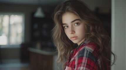 Young woman poses in plaid shirt indoors with soft lighting