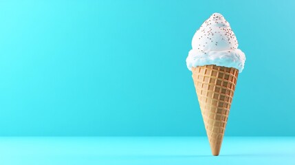 Vanilla ice cream cone, blue background, summer treat