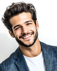 Fototapeta premium portrait photograph of a young male CEO in his 20s, smiling with confidence. He is wearing a stylish yet professional casual blazer