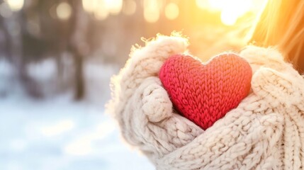 Fototapeta premium Cozy winter moment with warm knitted heart held in hands during sunset : Generative AI