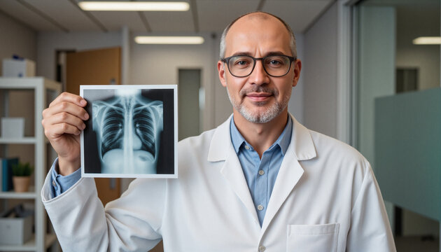 Senior doctor holding chest X-ray film in modern clinic environment with serious expression