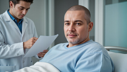 Obraz premium Male patient in a light blue medical gown, lying in a hospital bed, recovering with care