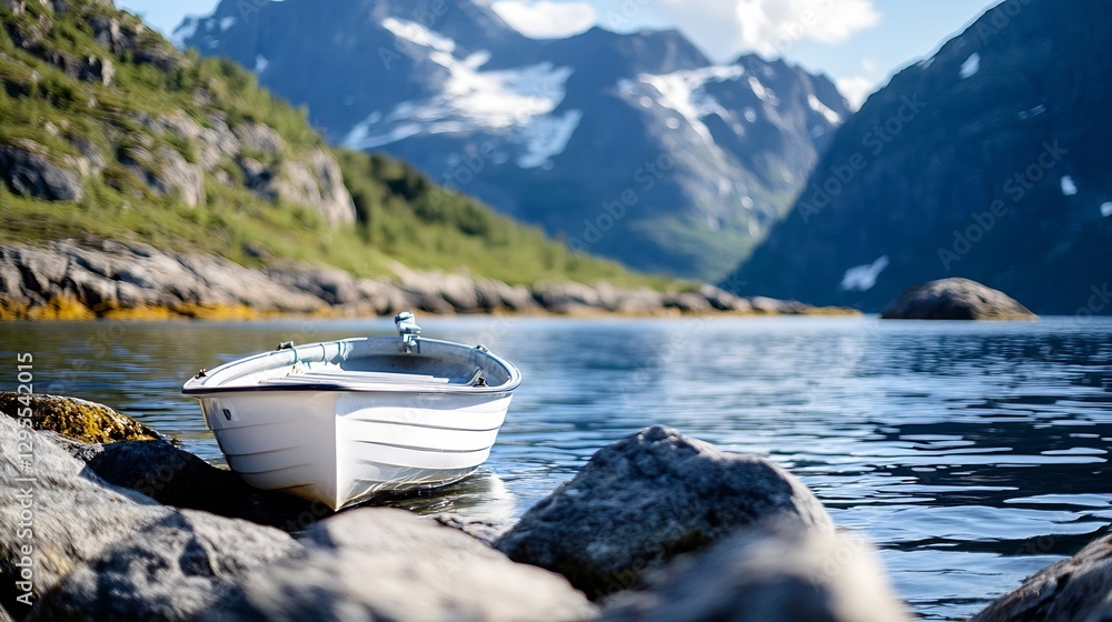 Poster serene small boat resting on rocks by a crystal clear lake surrounded by majestic mountains and vibr