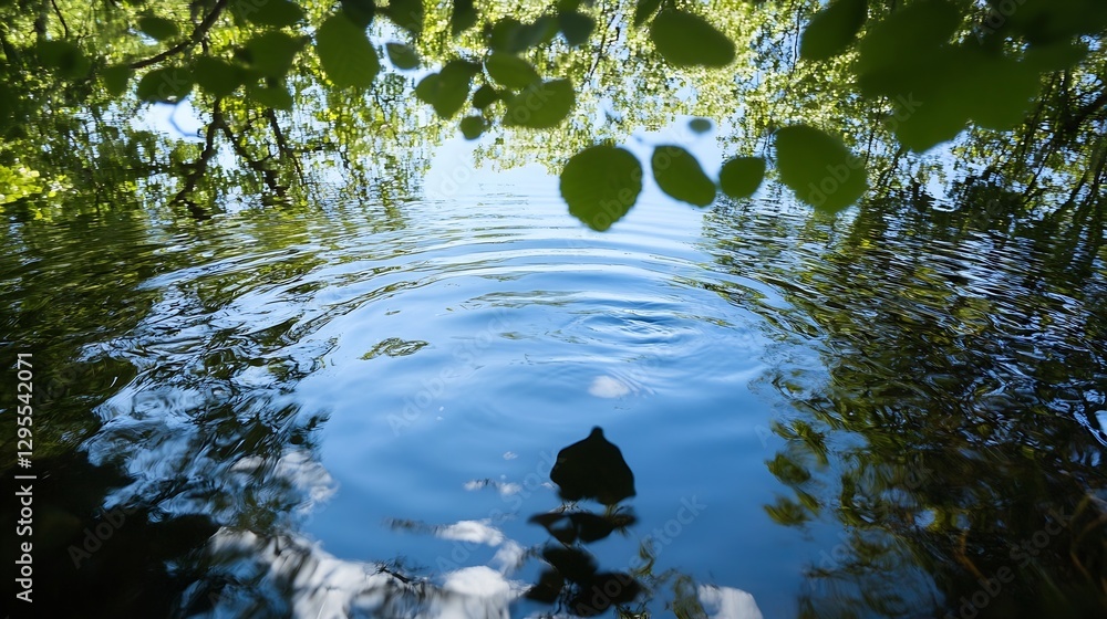 Aufkleber calm water surface reflecting the sky with green leaves framing the serene nature view creating a pe