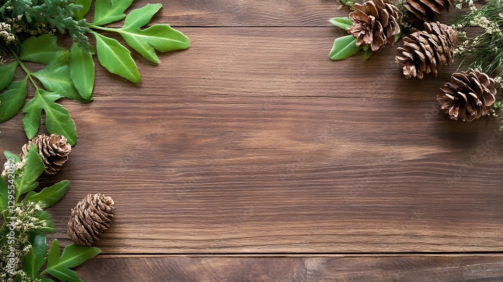 Poster Wooden table surrounded by natural elements such as pinecones and green leaves for a rustic feel : Generative AI