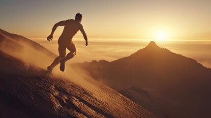 Man running uphill at sunrise over mountains.  Possible use Stock photo for athleticism, adventure, sunrise, scenic beauty