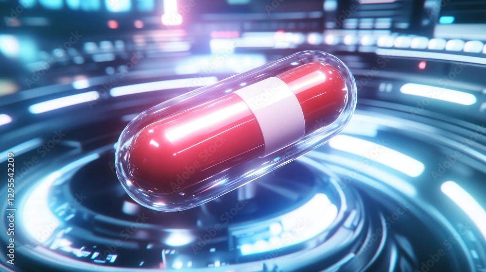 Poster futuristic red capsule surrounded by dynamic light patterns in a high-tech environment