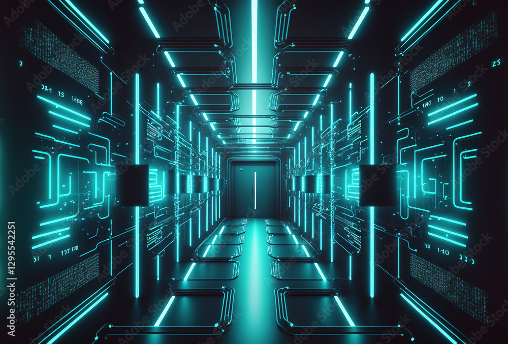Poster a fantastic neon tunnel, the corridor of a spaceship. immersion in virtual reality, artificial intel