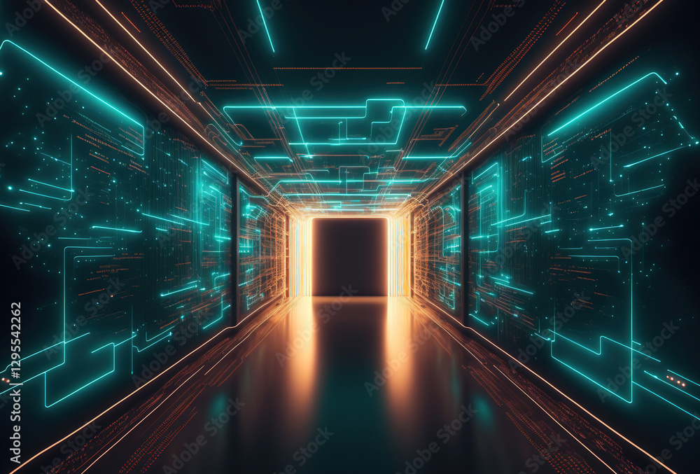 Poster a fantastic neon tunnel, the corridor of a spaceship. immersion in virtual reality, artificial intel