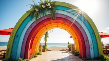 A colorful wooden arch decorated with flowers and greenery stands on a beach, perfect for a wedding ceremony.