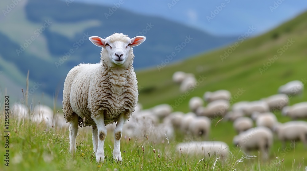 Poster Cute Sheep Standing in Green Grassy Field with Flock of Sheep in the Background : Generative AI
