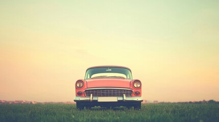 Fototapeta premium Vintage Car Parked on Green Field under Beautiful Sunset Sky