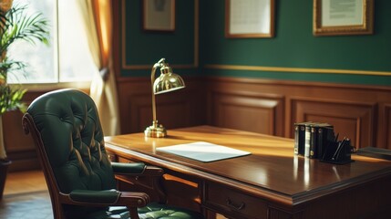 Fototapeta premium A luxurious office setting featuring a vintage leather chair